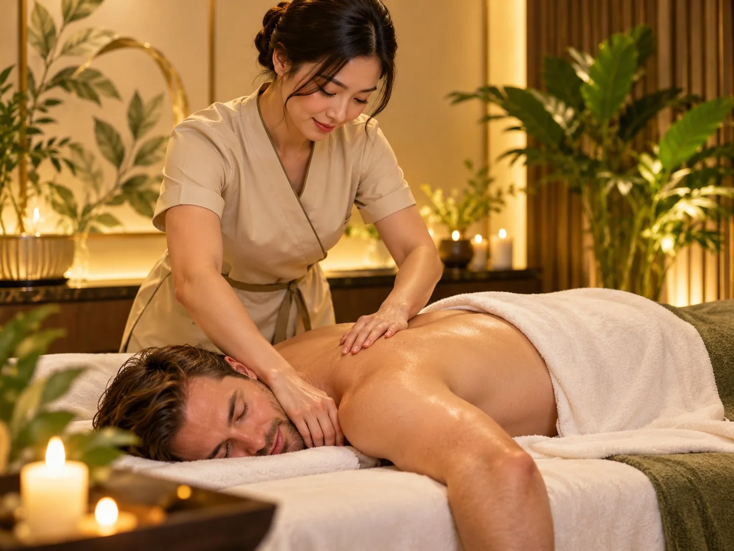 Female Asian practitioner performing neck and shoulder massage for adult American male client on spa bed