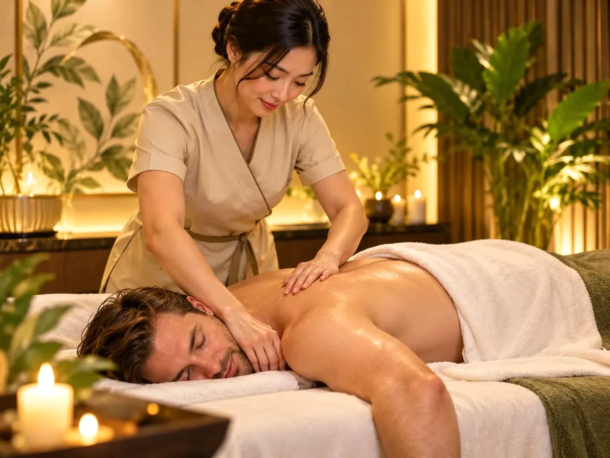 Professional Chinese female massage therapist tending to American male client on a massage bed