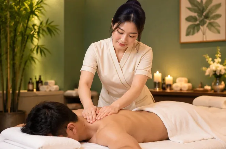 Therapist applying focused pressure to a guest's back