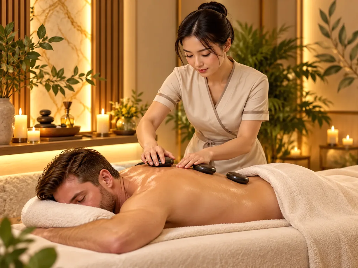 East Asian professional female therapist giving shoulder massage to American male customer on massage table