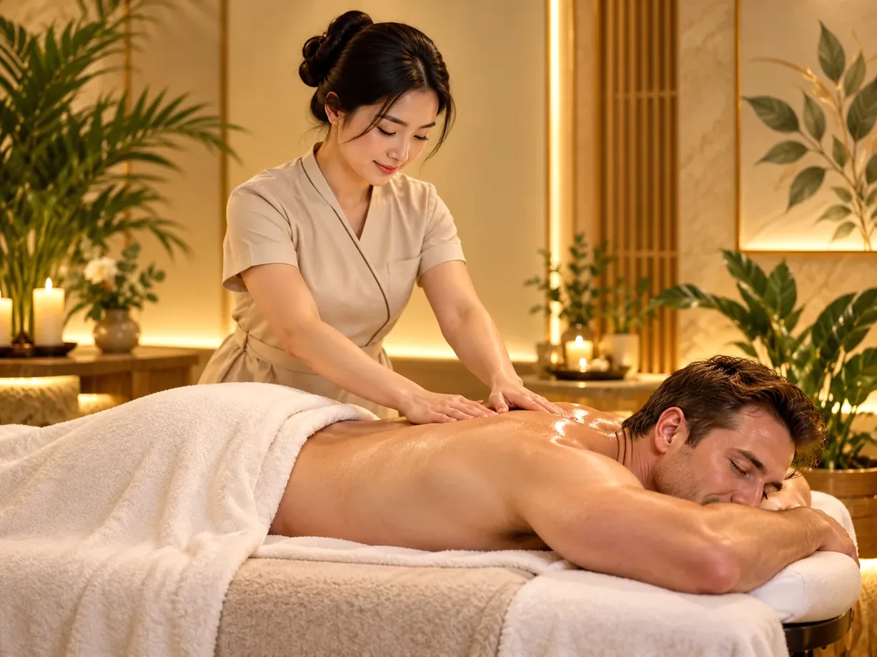Female Asian massage professional with smooth warm stones on adult American male client’s back on massage table