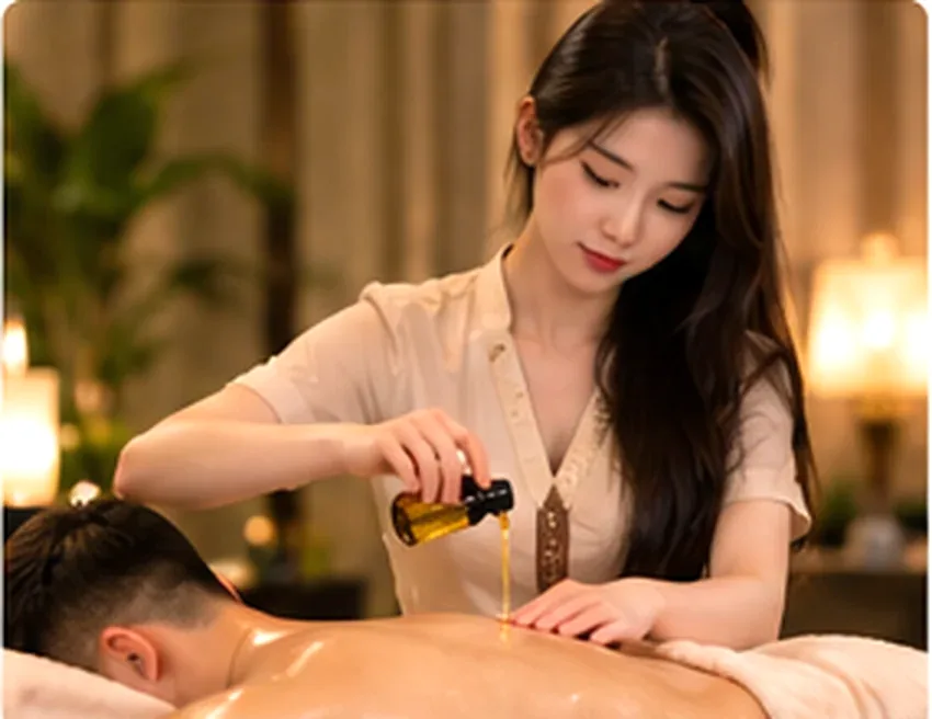 Female Asian practitioner performing neck and shoulder massage for adult American male client on spa bed