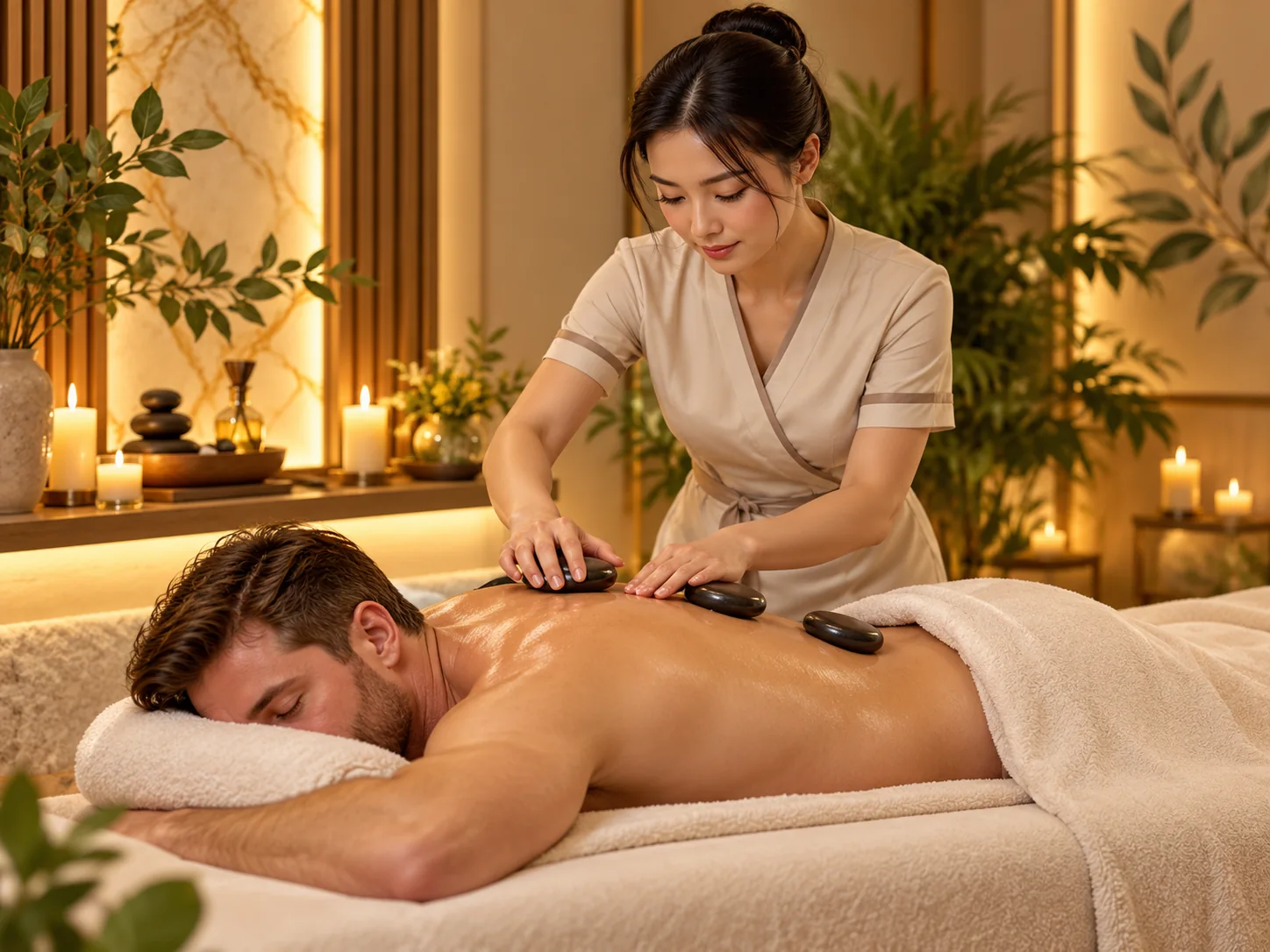 Therapist placing warm stones along a guest's back